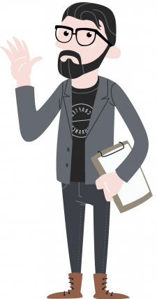 Cartoon character Justin Case holding a clipboard and waving – Crafted Insurance mascot