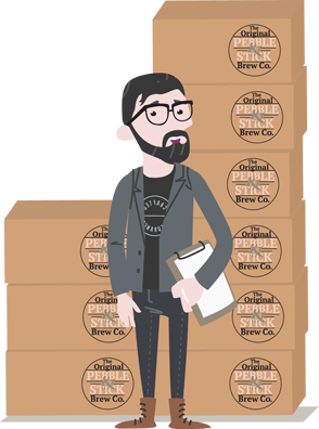 Cartoon character Justin Case in front of stacked beer boxes – mascot of Crafted Insurance